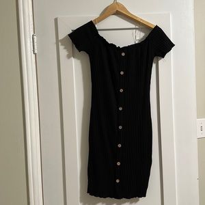 Black off-the-shoulder mini dress with buttons